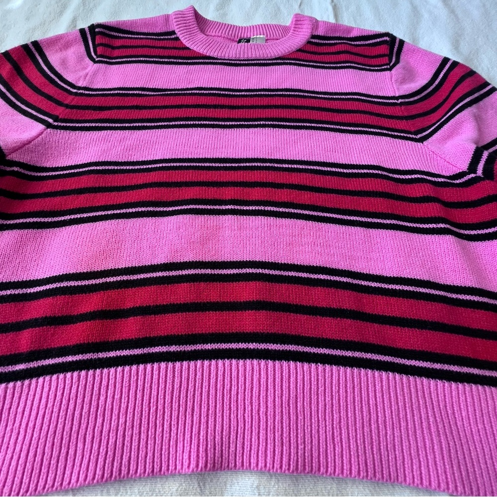 H&M Divided Pink Red and Black Knit Striped Sweater Balloon Sleeves Women’s L - Picture 5 of 10